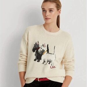 Ralph Lauren Sweater Women Medium Cream Scottie Dog Intarsia Cotton Knit Terrier